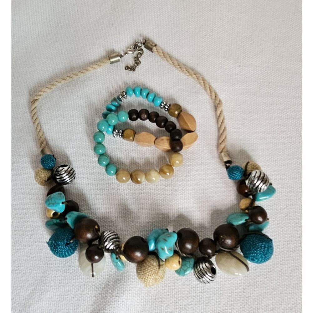 Y2k Chunky Statement Jewelry Set Turquoise Brown Tan Necklace Stretchy Bracelets